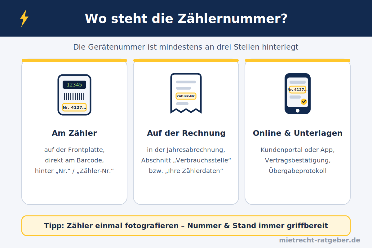 Wo steht die Zählernummer Infografik: Wo steht die Zählernummer – am Zähler, auf der Rechnung und online