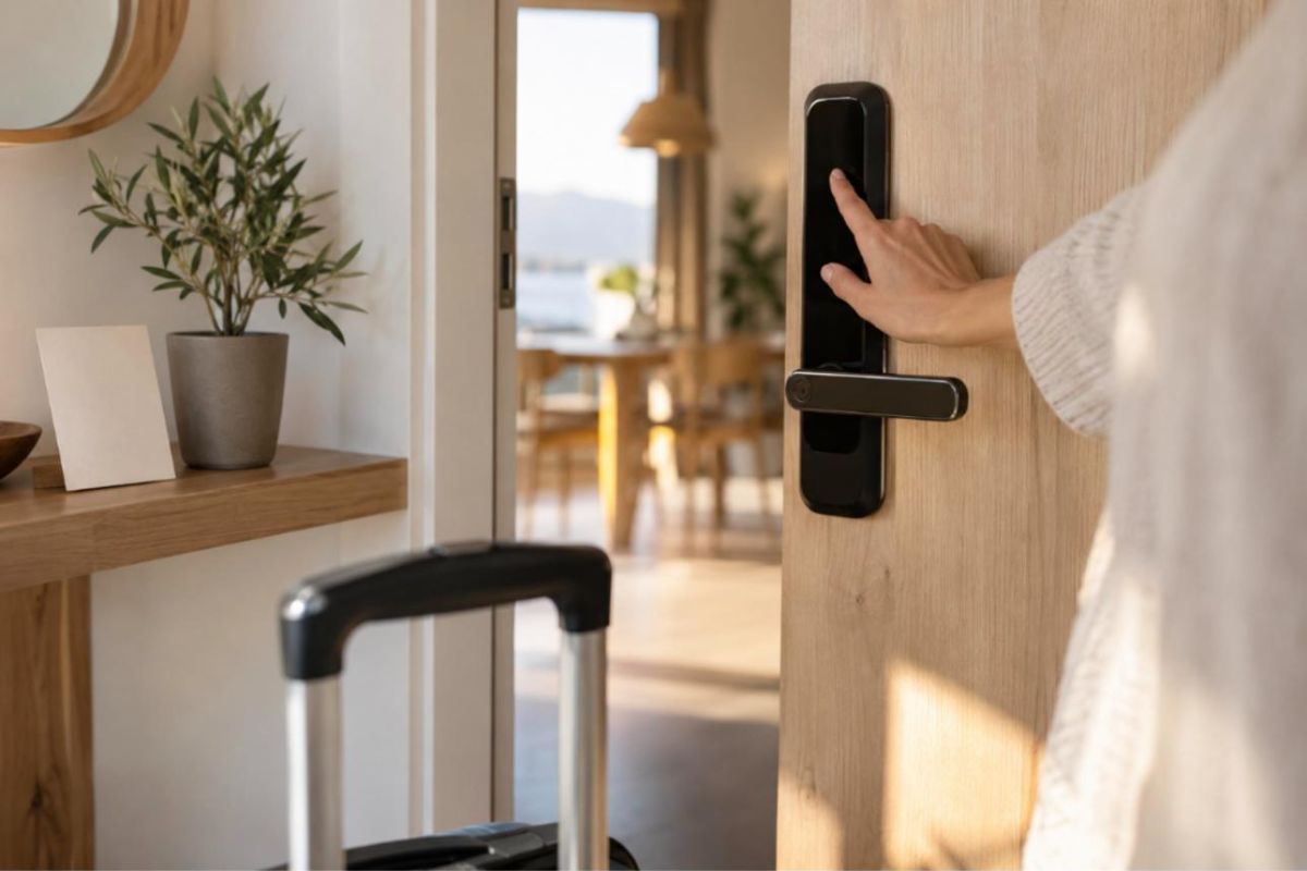 Smart Lock an der Ferienwohnung Gast öffnet ein Tastenschloss an der Tür einer Ferienwohnung