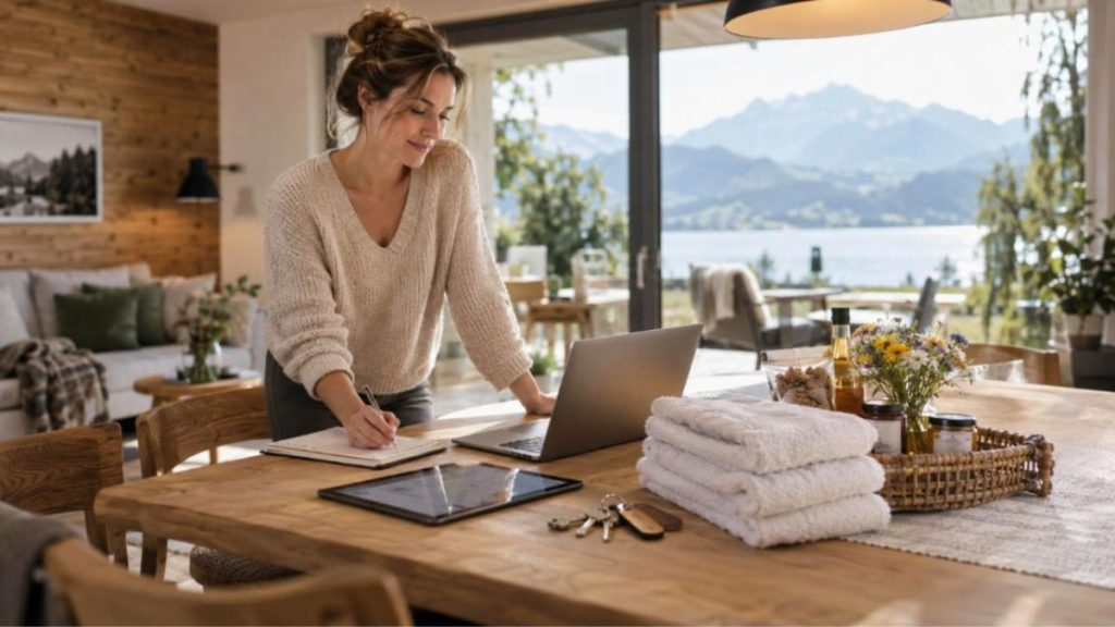 FeWo-Software 2026: Wie Vermieter Buchungen, Kalender und Gästekommunikation digital organisieren Gastgeberin plant am Esstisch einer Ferienwohnung Buchungen mit Laptop und Tablet, daneben Schlüssel, Handtücher und Willkommenskorb