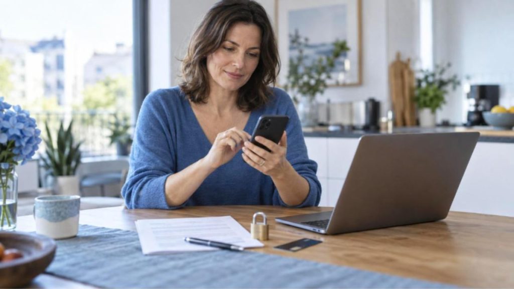 Verbraucherschutz im digitalen Raum: Worauf Nutzer 2026 achten müssen Frau prüft am Küchentisch die Datenschutzeinstellungen auf ihrem Smartphone, daneben Laptop, Vertrag und Vorhängeschloss